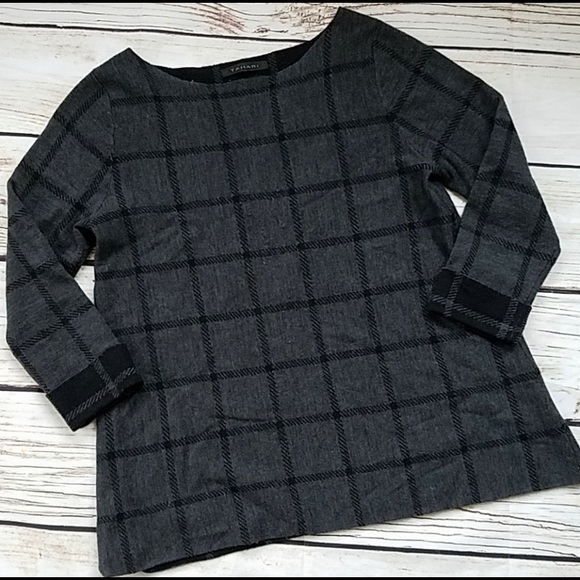 Tahari Windowpane Plaid Check Merino Wool 3/4 Sleeve Top - Picture 4 of 6